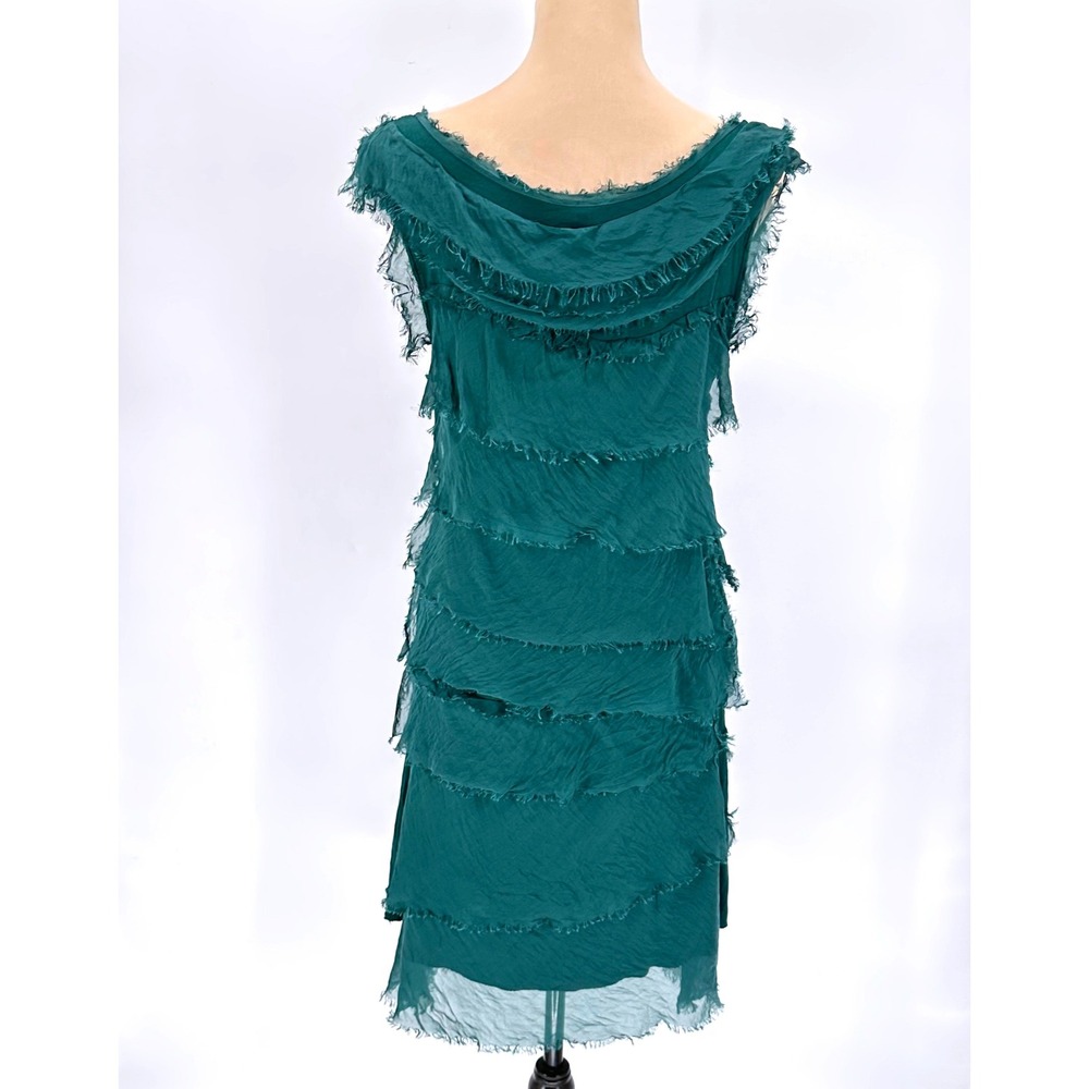Made in Italy Silk Tiered Ruffle Dress Teal Green Sleeveless Cowl Neck Midi NWT - Picture 2 of 7